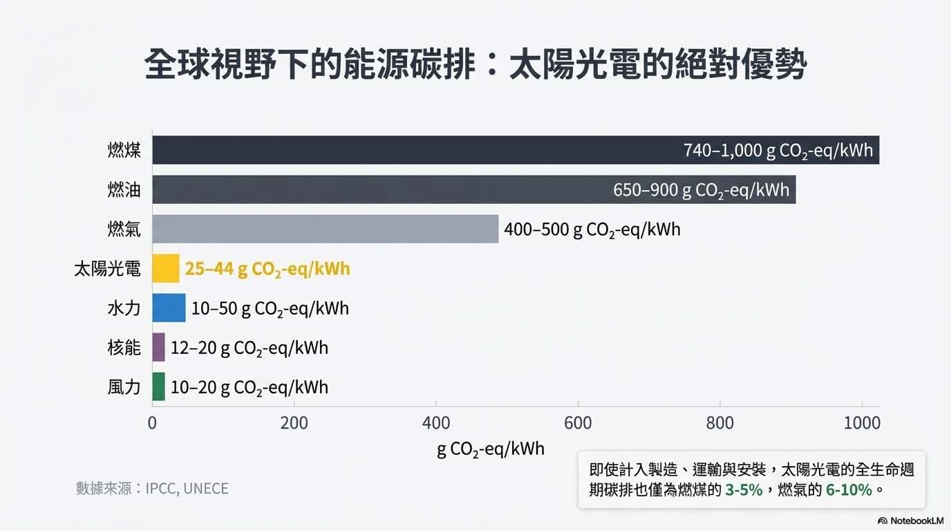 全球視野下的能源碳排:太陽光電的絕對優勢